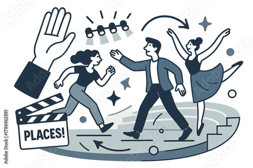 Dynamic Theater Scene. Amphitheater ? Director?s Cue. A raised hand gives the signal; cue lights blink in a tidy sequence. Notation ?Places!? springs from a