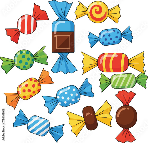 Assortment of Colorful Wrapped Candies and Chocolates Illustration