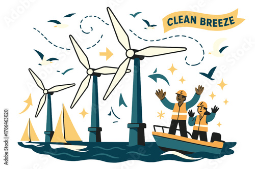 Offshore Energy Harmony. Offshore wind farms. Sailboats pass giant turbines as gulls trace dotted wind lines; ?Clean breeze? floats on a ribbon. Workers wave