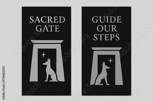 Temple Gateway Banners. Temple Gateway. Two vertical A6 banners with safe margins, centered composition, no elements touching edges, minimal, black and silver,