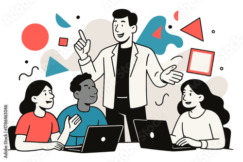 Creative Team Collaboration. Team Leaders Guiding Teams in Creative Projects. Leader inspiring team around a table with laptops and floating abstract geometric