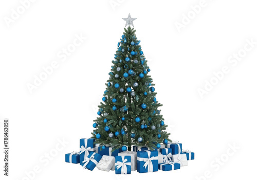 A beautifully decorated christmas tree with blue ornaments and presents, isolated on transparent background