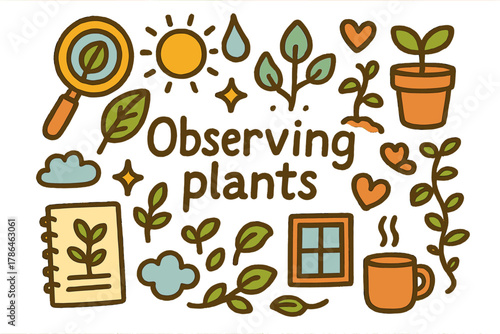 Observing Plants Doodle. Observing plants. Hand-drawn doodle illustration of observing plants. Magnifying