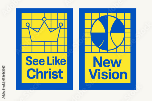 Kingdom Vision Banners. Kingdom Vision. Two vertical A6 banners with safe margins, centered composition, no elements touching edges, bauhaus, cobalt and lemon,