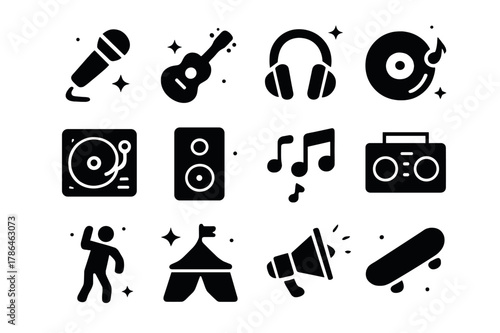 Pop Culture Icons. Pop Culture Music. Solid icons set of Pop Culture Music: microphone, guitar, headphones, vinyl record, DJ turntable, speaker, music notes,