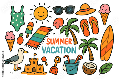 Summer Fun Doodles. Summer Vacation. Colorful Hand-drawn doodle Children illustration Summer Vacation beach ball, sunglasses, ice cream, sun hat, flip flops,