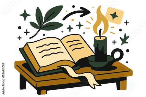 Antique Reading Nook. Antique Books ? Reading Nook. An open book rests on a wooden table; candlelight curves across the pages. A bookmark ribbon flows like a