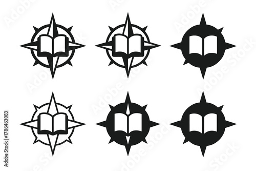 Knowledge Compass Logos. Knowledge. Set Logo of Knowledge: Compass. harmonious logo variations of the same emblematic concept, each with different artistic