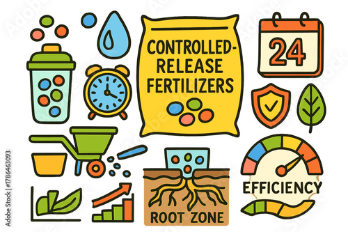Fertilizer Doodle Illustration. Controlled-release fertilizers. Colorful Hand-drawn doodle Children illustration Controlled-release fertilizers