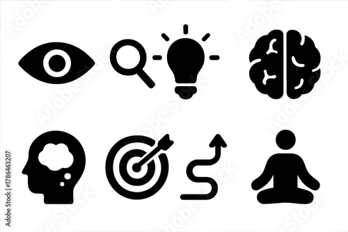 Focus Icon Set. Focus and concentration. Filled icon set of focus and concentration: eye icon, magnifying