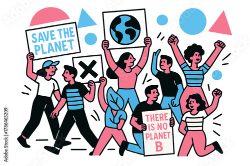 Eco Protest Energetics. Environmental Protests. Street filled with demonstrators holding eco-friendly signs with floating abstract geometric shapes, vibrant