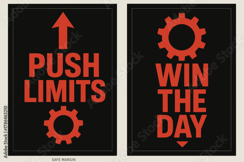 Brutalist Banners Design. Push limits. Two vertical A6 banners with safe margins, centered composition, no elements touching edges, brutalist, black and red,