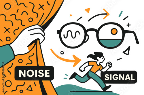 Perception Revealed. Perception and reality. A hand peels back a patterned curtain to reveal a simple horizon; labels flip from ?Noise? to ?Signal?. Floating