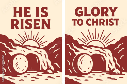 Resurrection Banners. Resurrection Glory. Two vertical A6 banners with safe margins, centered composition, no elements touching edges, cartoon, crimson and