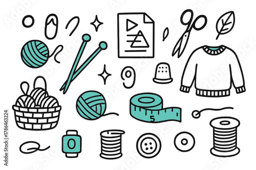 Knitting Supplies Illustration. // Knitting supplies. Hand-drawn doodle illustration Knitting supplies [needles (accented), yarn ball (accented), basket,