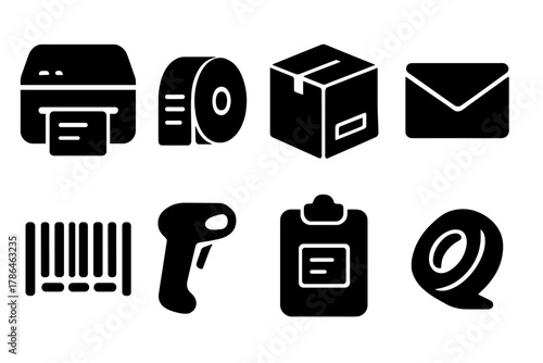 Label Printing Icons. Label Printing Station. Filled icon set of Label Printing Station: printer, label roll,