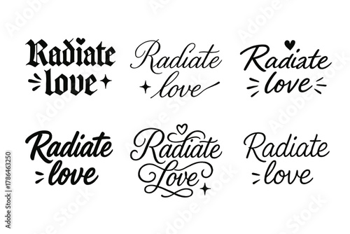 Radiate Love Calligraphy. Radiate love. Create a calligraphy lettering illustration of the phrase: Radiate