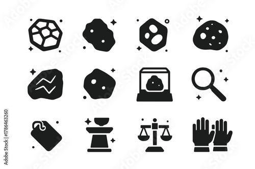 Meteorite Icon Collection. Meteorite fragments and specimens. Solid icons set of Meteorite fragments and specimens: cut rock slice, metal fragment, olivine