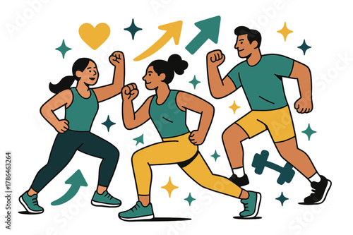 Energetic Group Fitness. Workout motivation. Group fitness class with abstract floating arrows, icons, and sparkles; conveys teamwork, energy, and workout