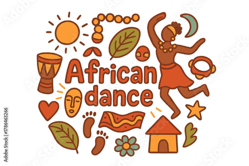 Vibrant African Dance. African dance. Hand-drawn doodle illustration of African dance. Drum, dancer, mask,
