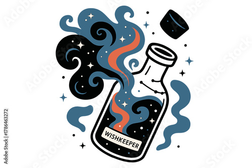 Nebula Wishkeeper Bottle. Nebula in a Bottle. A glass vial floats, uncorked?colored mist pours out into starry curls; ?Wishkeeper? glows on a tiny label.