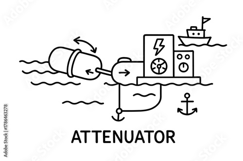 Wave Energy Converter. Attenuator device. Hand-drawn doodle illustration attenuator device linked floats, hinge, waves, generator box, arrows of motion,