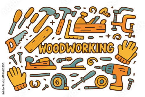 Woodworking Tools Doodle. Woodworking. Hand-drawn doodle illustration of woodworking. Saw, hammer, chisel,