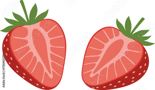 Fresh sliced strawberries with seeds and green leaves, juicy fruit cross section, healthy food, summer fruit, flat vector illustration, natural design