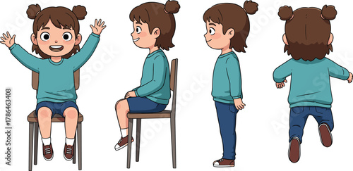 Cute cartoon girl character in multiple poses, sitting and standing with smiling face for animation design reference
