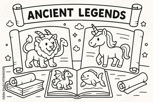 Mythical Creatures Coloring Page. Ancient legends learning page children?s coloring book illustration, outlined drawing, scrolls and books open to pictures of