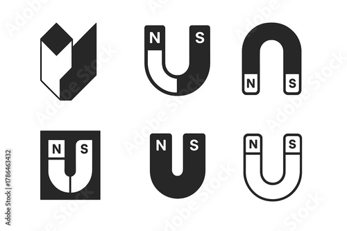 Magnet Logo Variations. Pole. Set Logo of Pole: Magnet with north?south poles. Icon set. harmonious logo variations of the same emblematic concept, each with