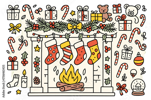 Festive Mantel Doodle. Stockings on mantel. Hand-drawn doodle illustration Christmas stockings (colored), fireplace (colored), mantel (colored), candy canes