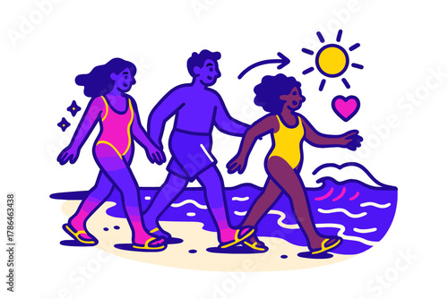 Glowing Beach Walk. Beach stroll. Characters wearing glowing swimsuits and sandals walking along a glowing