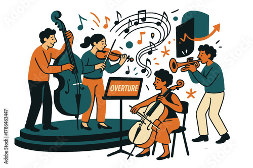 Dynamic Music Ensemble. Amphitheater ? Live Musicians. A small ensemble tunes beside the stage; notes and rhythm dots coil upward. Label ?overture? glows on