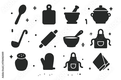 Rustic Kitchen Icons. Rustic Kitchen Tools. Solid icons set of Rustic Kitchen Tools: wooden spoon, cutting board, mortar and pestle, clay pot, ladle, rolling