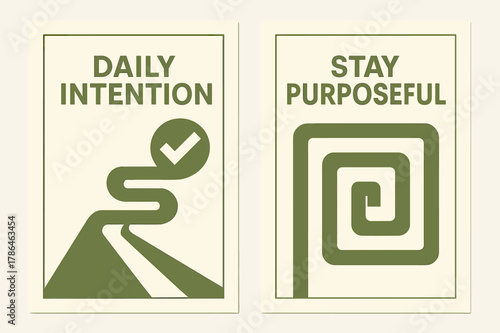 Purposeful Intention Banners. Daily intention. Two vertical A6 banners with safe margins, centered composition, no elements touching edges, geometric, olive
