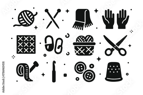 Crafting Icons Display. Crafting Warmth. Solid icons set of Crafting Warmth: yarn ball, knitting needles, scarf, hands, pattern chart, stitch markers, basket,
