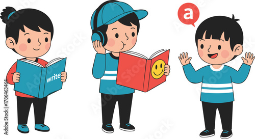 Cute cartoon kids learning English alphabet by reading, listening, and speaking together in fun educational classroom activity
