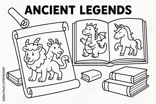 Mythical Creatures Coloring Page. Ancient legends learning page children?s coloring book illustration, outlined drawing, scrolls and books open to pictures of