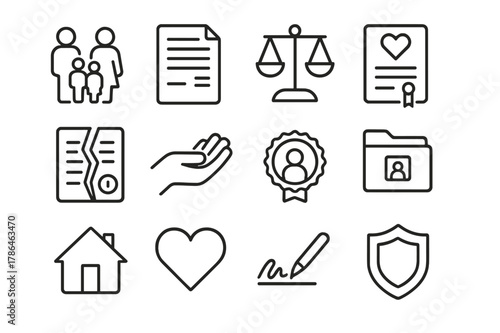 Family Law Icon Set. Family and Personal Law. Line icon set of Family and Personal Law: family silhouette, legal document, custody scale, marriage certificate,