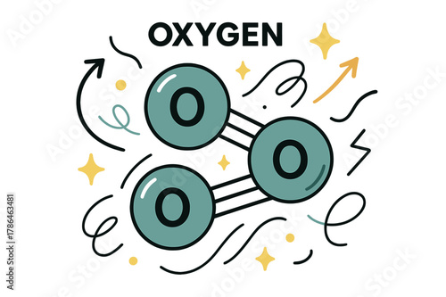 Dynamic Oxygen Bonds. Oxygen. Oxygen atoms forming molecular bonds with abstract floating lines, arrows, and sparkles; emphasizes chemistry, science, and