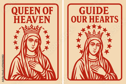 Queen of Heaven Banners. Queen of Heaven. Two vertical A6 banners with safe margins, centered composition, no elements touching edges, bold, red and beige,