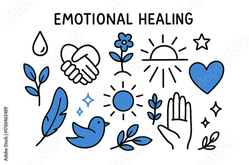 Emotional Healing Icons. // Emotional healing. Hand-drawn doodle illustration Emotional healing [hands clasped (accented), heart (accented), flower sprout