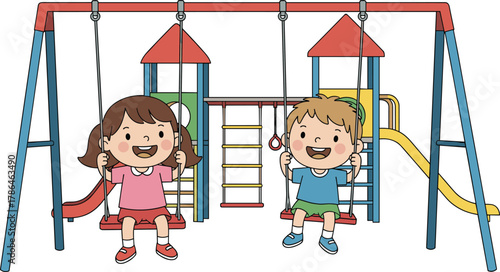Cute happy children playing on playground swings together having fun outdoors in colorful park on sunny day illustration