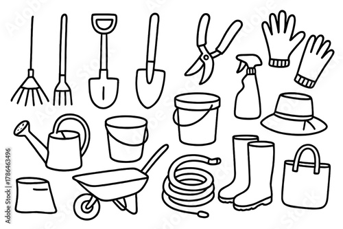Garden Tool Doodle. Garden tools. Hand-drawn doodle illustration garden tools rake, shovel, trowel, pruning shears, gloves, watering can, bucket, spade, spray