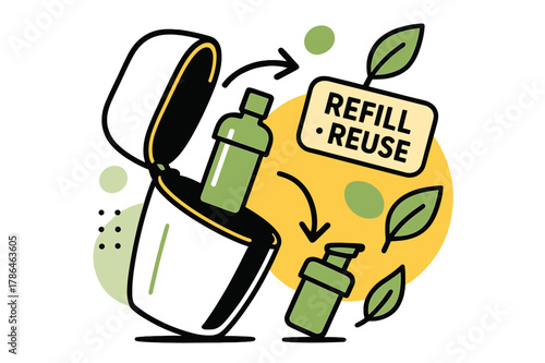 Eco Refill System. Eco Refillable Cartridge. A bottle opens like a tidy shell to reveal a click-in refill; leaf icons and a ?Refill ? Reuse? tag orbit. A