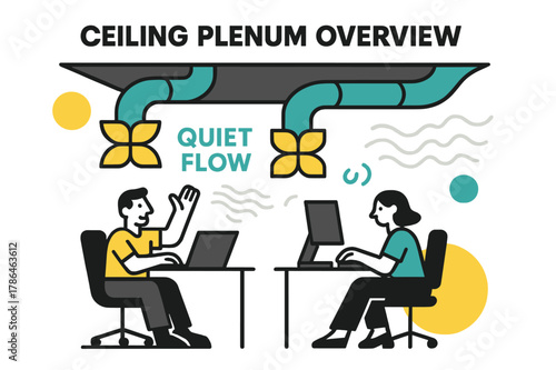 Ceiling Flow Dynamics. Ceiling Plenum Overview. A cutaway ceiling reveals ducts gliding above workstations; diffusers bloom like geometric flowers. ?Quiet