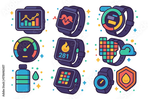 Wearable Data Visuals. Wearable data dashboards. Colorful isometric vector icons set of Wearable data dashboards: fitness trends graph, heart rate timeline,