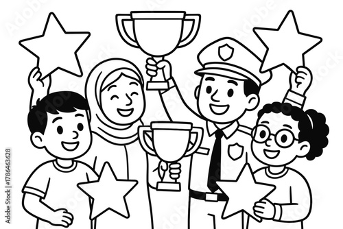 Trophy Celebration Coloring. Celebrating achievements children?s coloring book illustration, outlined drawing,