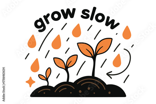 Nourishing Rainfall Art. Seeds ? Rain Nourish. Droplets fall across sprouting soil; arcs mark hydration lines. Caption ?grow slow? curves above seedlings.